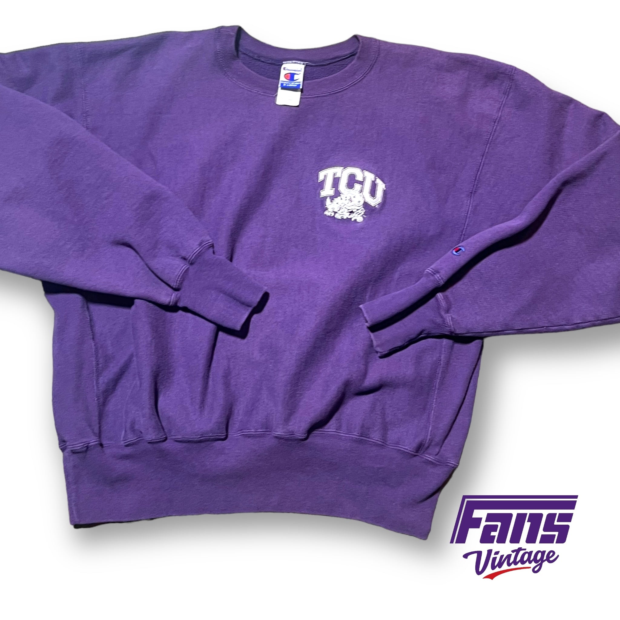 90s Vintage TCU Crewneck Sweater Purple Champion Reverse Weave with unique embroidery