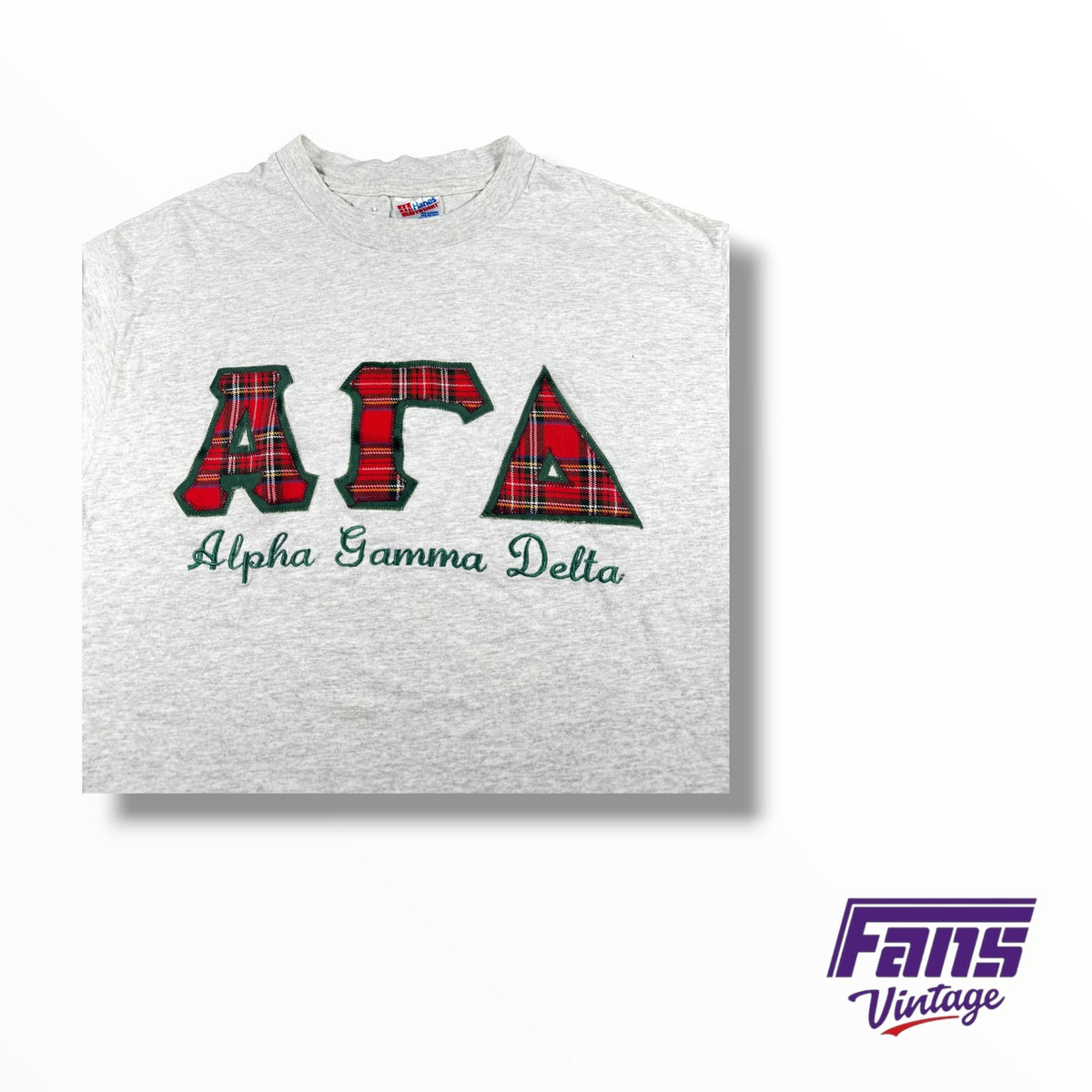 90s Vintage Alpha Gamma Delta Plaid Jersey Style Stitched Letters Tee