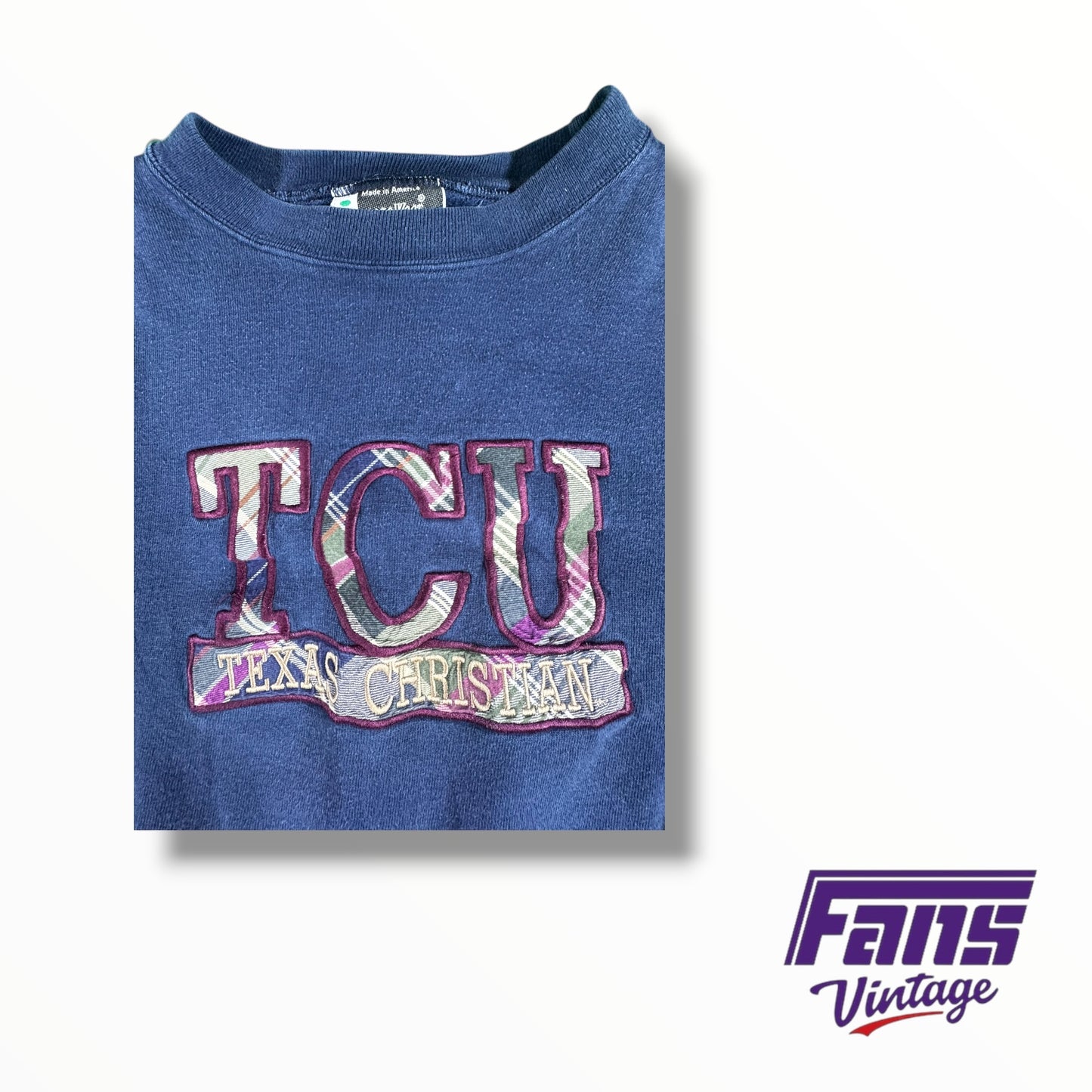 Vintage 90’s TCU Plaid Lettering Crewneck Sweater in fun Navy & Maroon Colorway