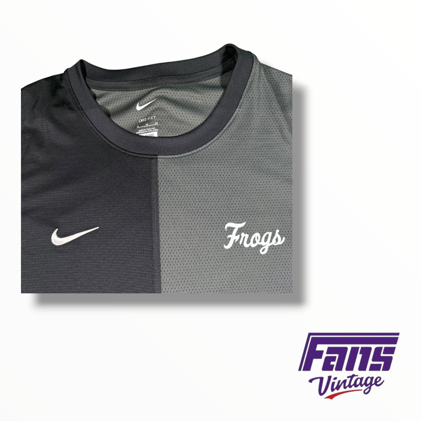 TCU Nike Team Issued Black & Gray Drifit Long Sleeve Shirt with Frogs Script Throwback Logo