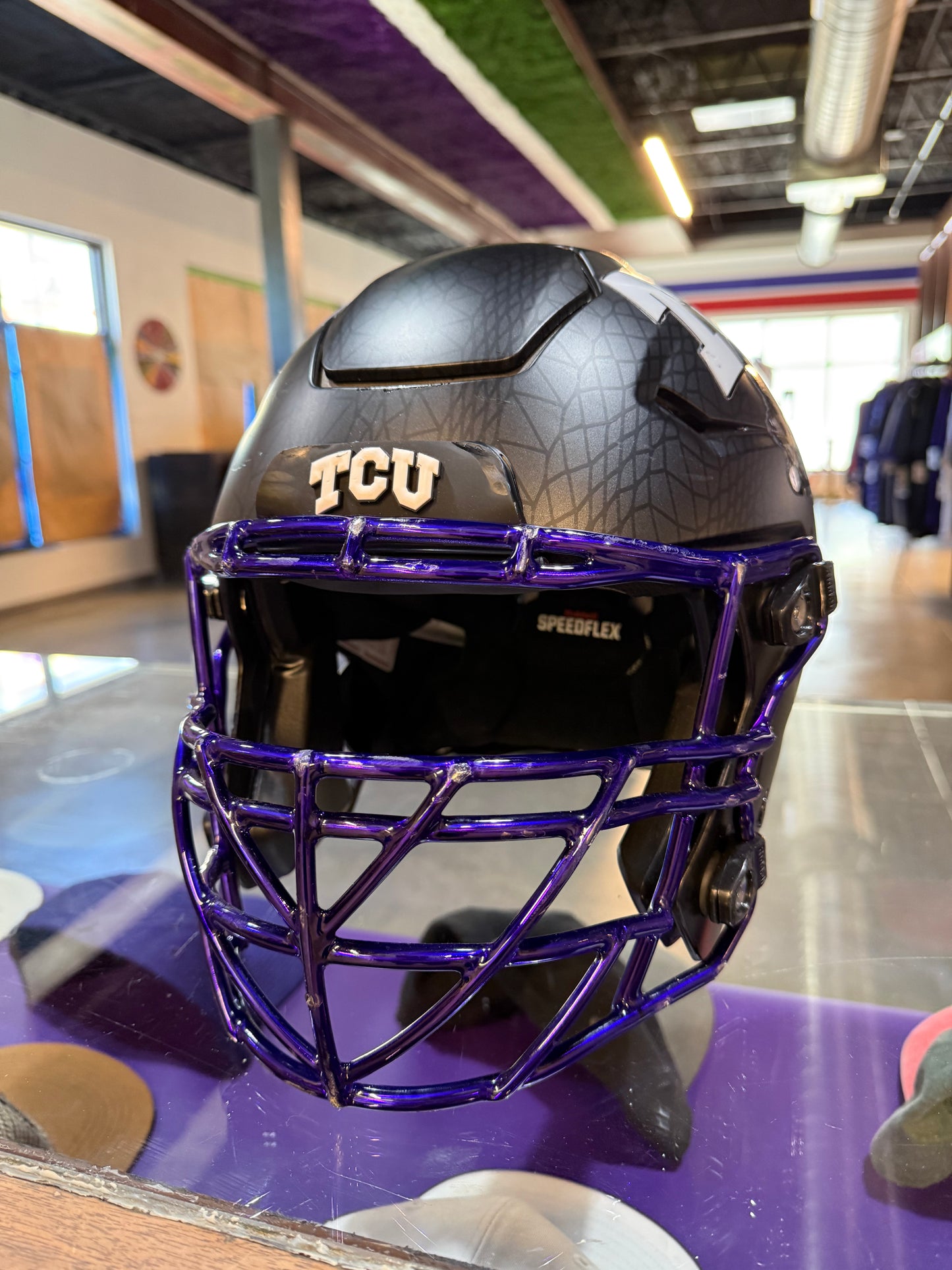 Matte Black Frogskin TCU Football Game Worn Authentic Helmet with Purple Chrome Mask