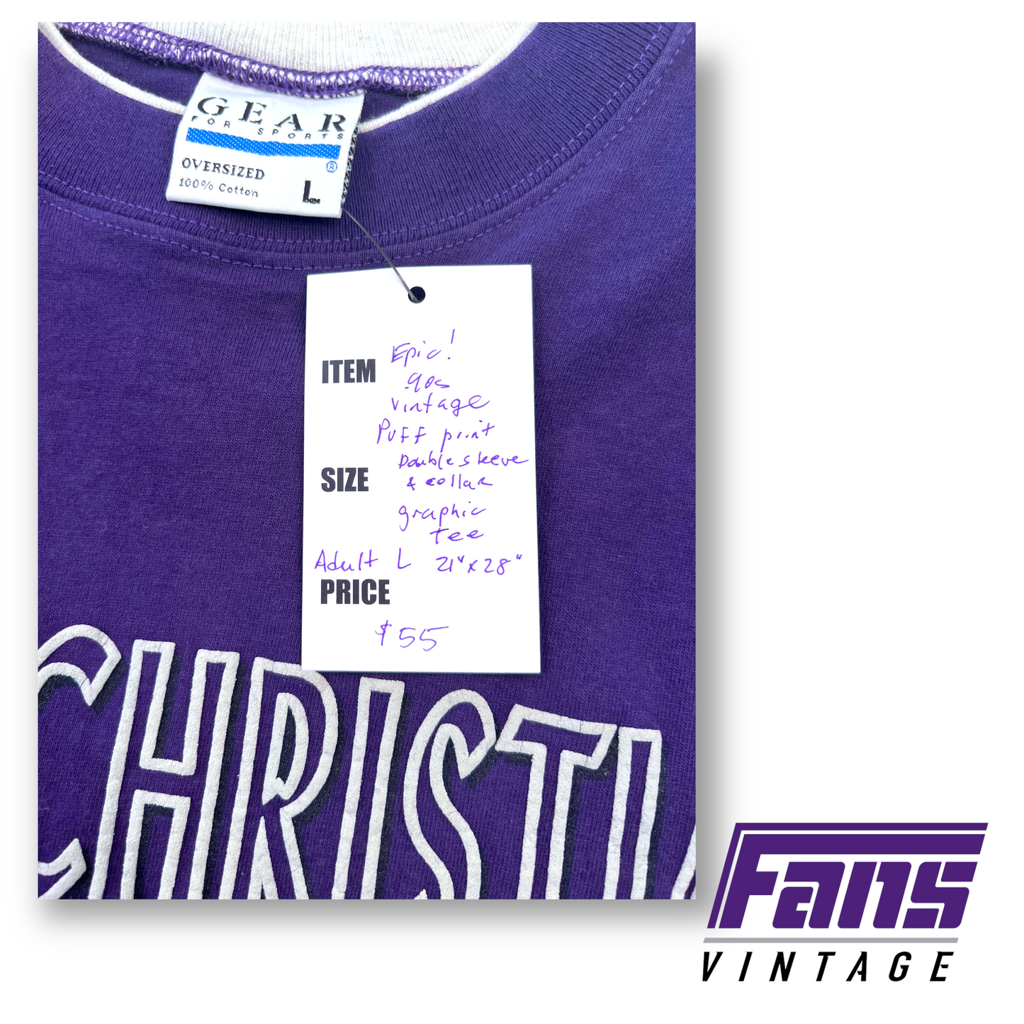 Rad! 90s Vintage TCU Shirt with Double Collar/Cuff and Raised Screenprint!
