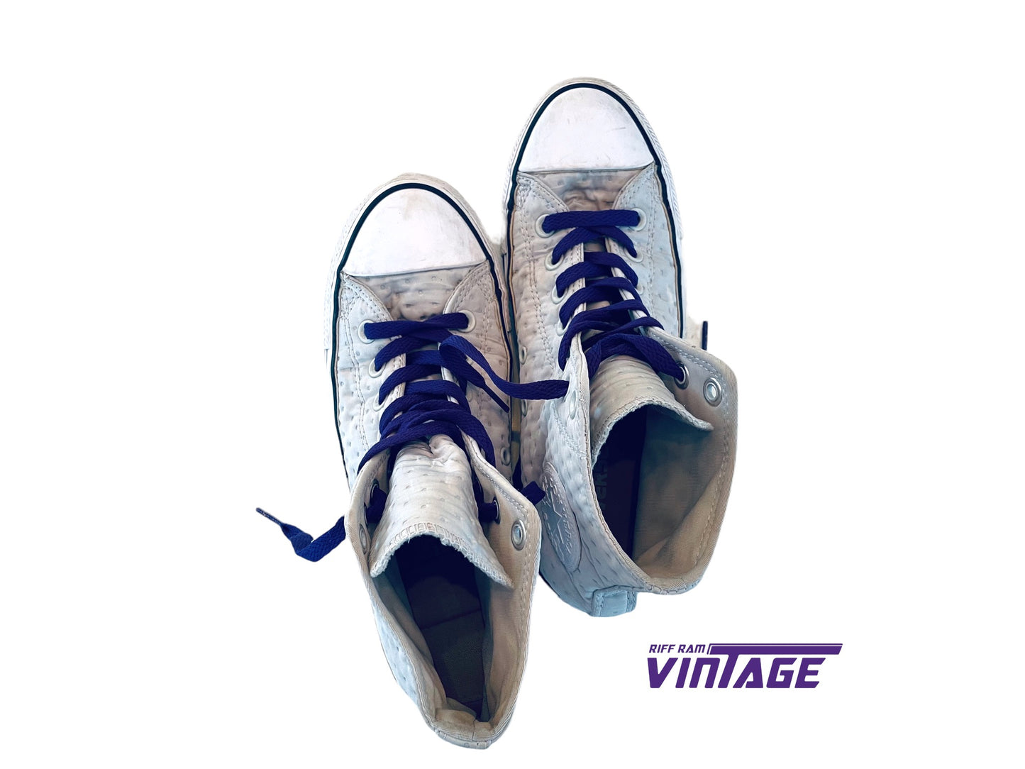 Converse high top off white/white w/purple laces shoes