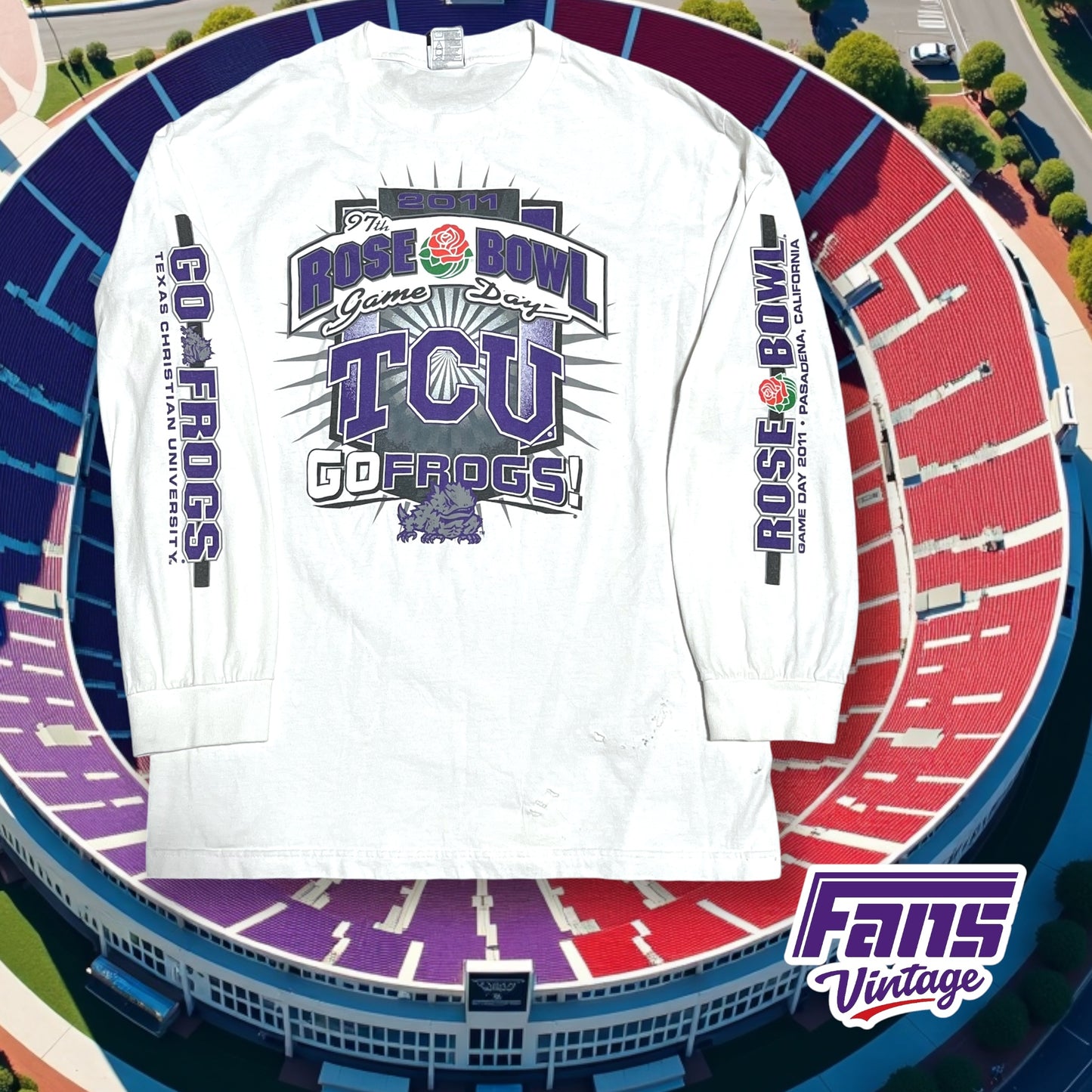 RARE!! Vintage TCU Football Rose Bowl Game Day Long Sleeve with SICK print on front and both sleeves!