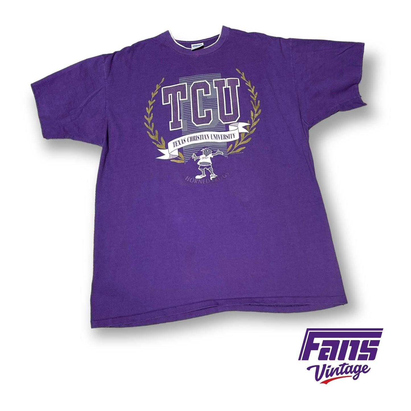 RARE 90s Vintage TCU Tee featuring crazy crop top Horned Frog mascot!