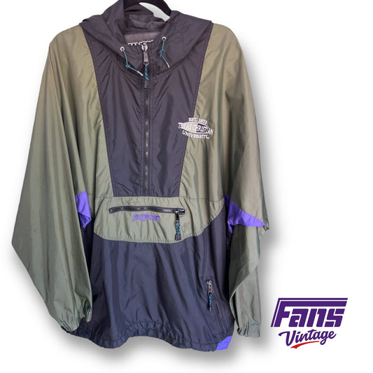 SICK! 90s Vintage TCU Rain Jacket with unique color blocking & embroidered logo! - Packable bag insert! Crazy details!