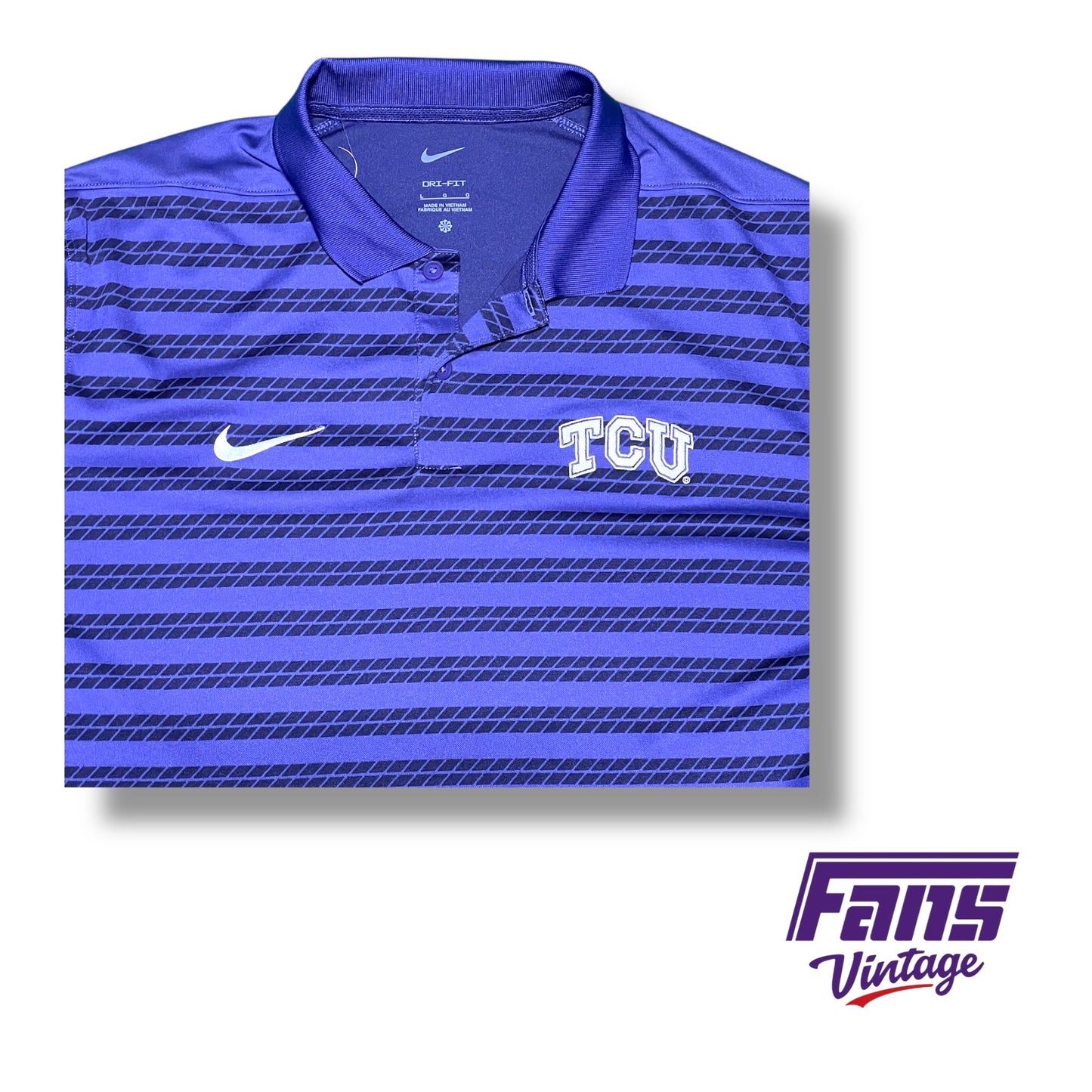 TCU Nike team issued purple polo with sick black diamond striped design
