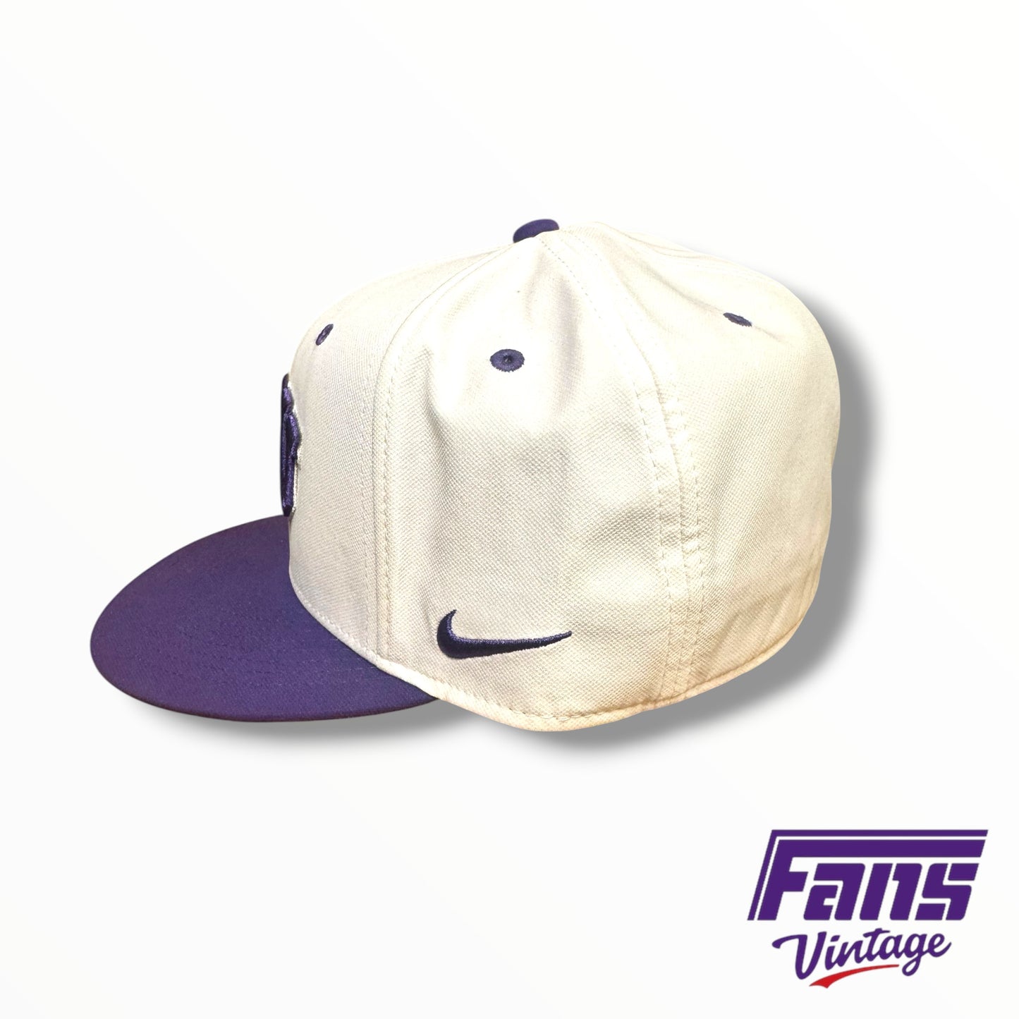 TCU Baseball Team-Issued Nike Baseball White and Purple Fitted Hat