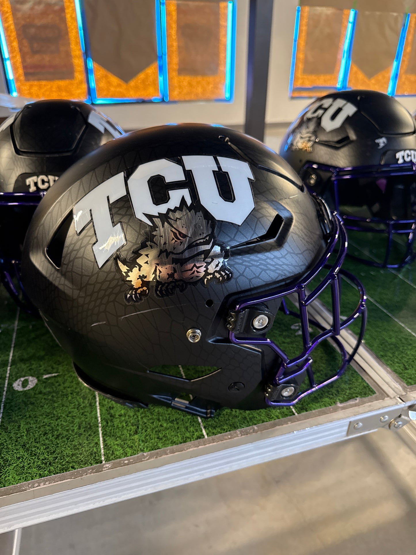 Matte Black Frogskin TCU Football Game Worn Authentic Helmet with Purple Chrome Mask