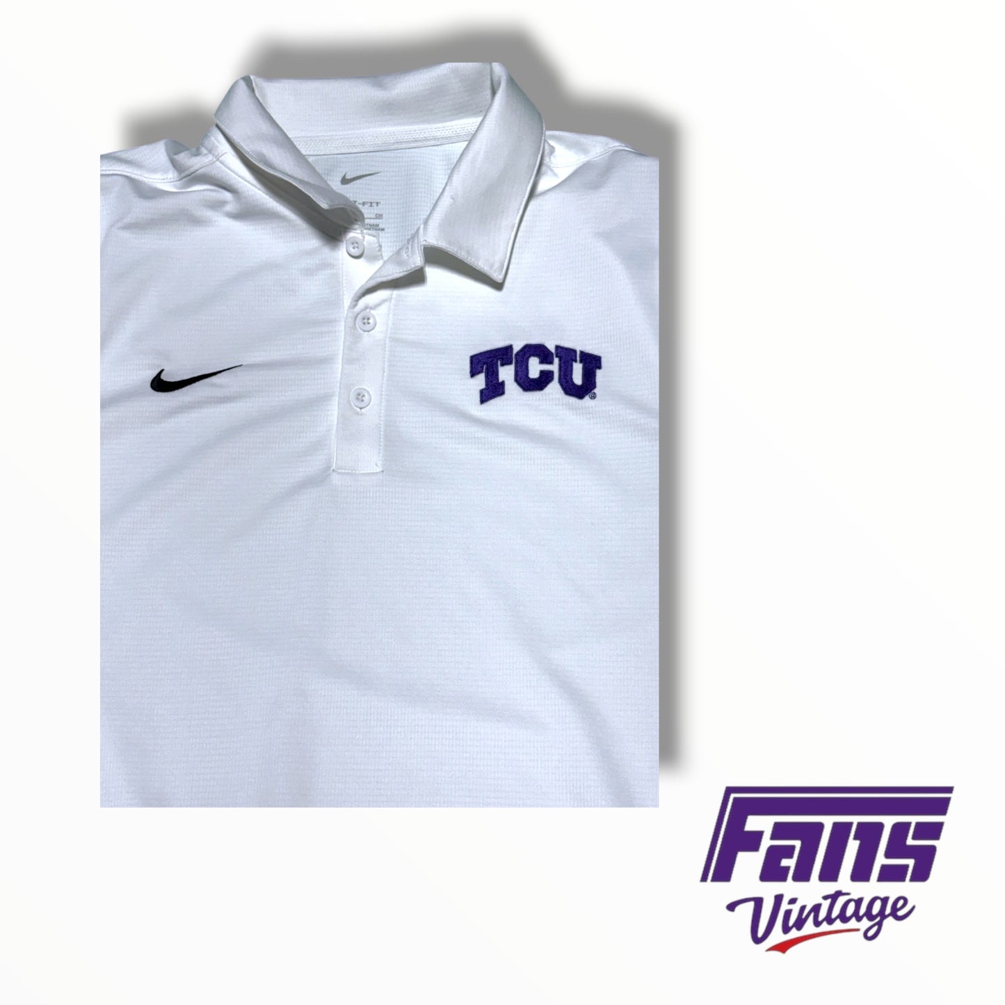 TCU Nike Team Issued Premium White Dri-Fit Polo with embroidered logos