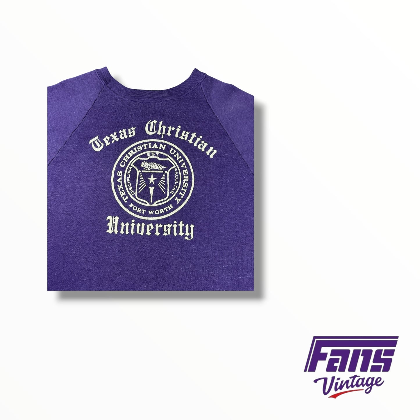 RARE! 80s Vintage TCU School Seal Old English Lettering Raglan Crewneck
