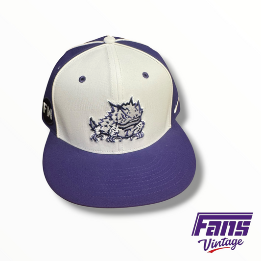 TCU Baseball Team-Issued Nike Athletic Frog Fitted Hat – White/Purple