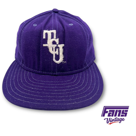 TCU Vintage Baseball Team Fitted Game Worn Hat - Distressed Look With Throwback 80s Logo