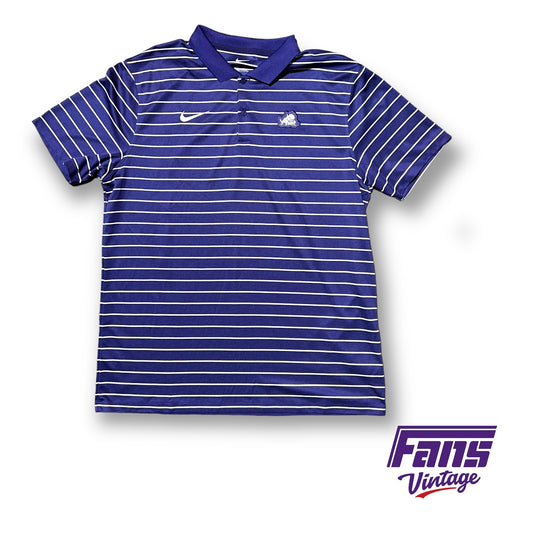 TCU Team Issue Nike “Move to Zero” Striped Polo with Horned Frog emblem patch