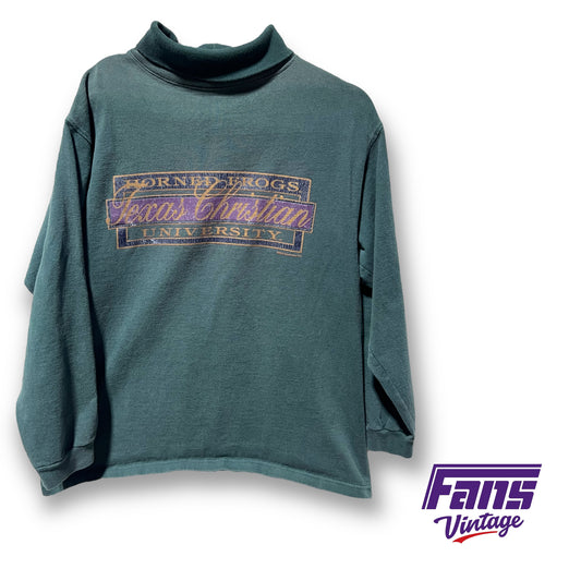 90s Vintage TCU Longsleeve Shirt - Hunter Green Turtleneck with awesome retro design!