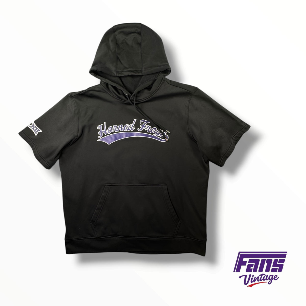 TCU Baseball Team Issued Blackout ‘Horned Frogs’ Vintage Script Short sleeve Dugout Hoodie