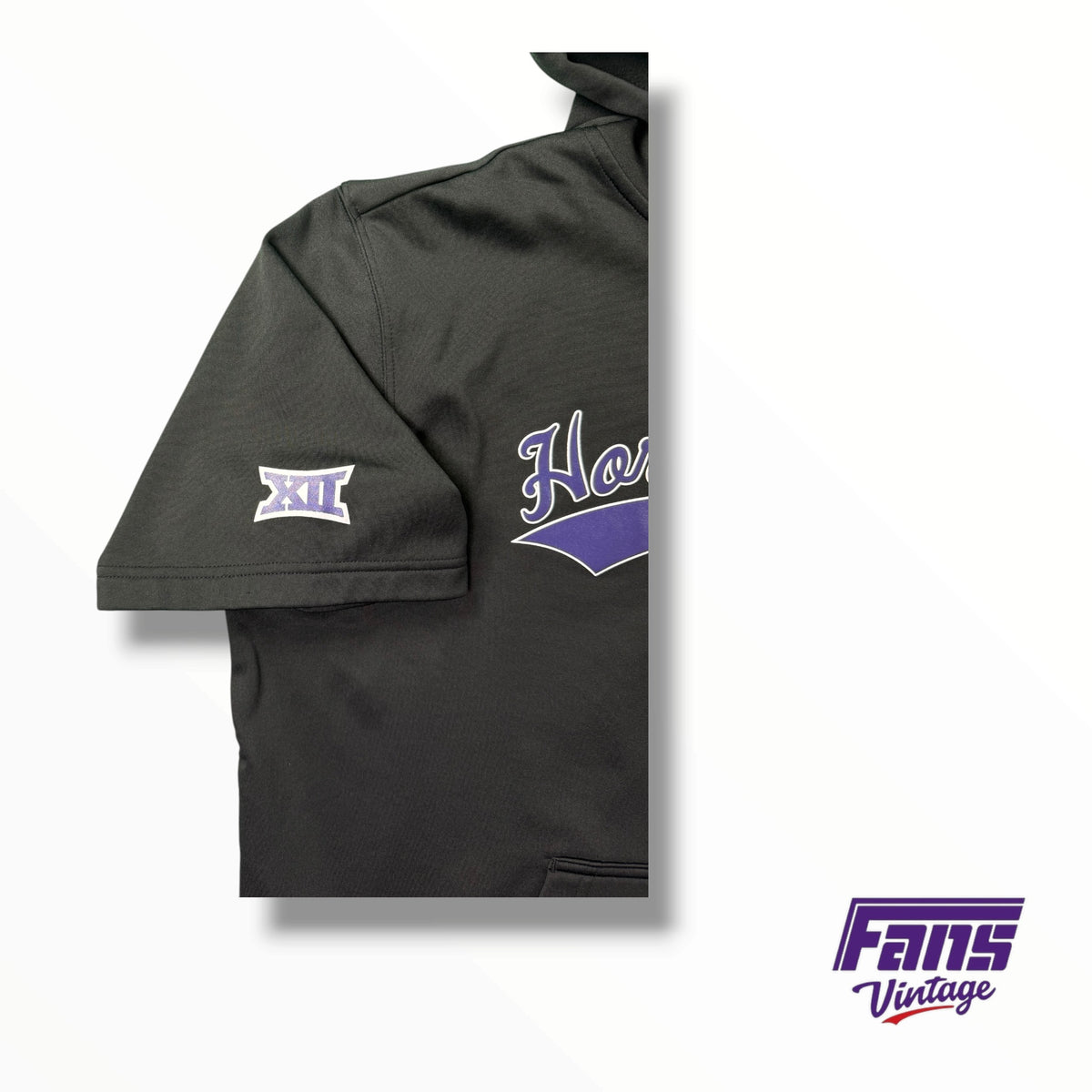 TCU Baseball Team Issued Blackout ‘Horned Frogs’ Vintage Script Short sleeve Dugout Hoodie