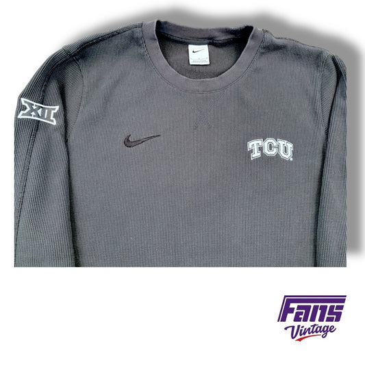 TCU Team Issued Anthracite Gray Heavyweight Waffle Weave Premium Long Sleeve Pullover with Embroidered Logos