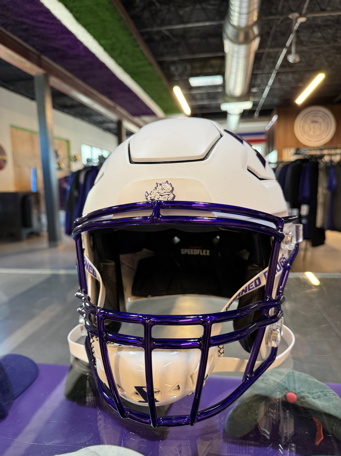 TCU Football Game Worn Authentic White Matte Helmet with Purple Chrome Mask - Last SMU Game Helmet!