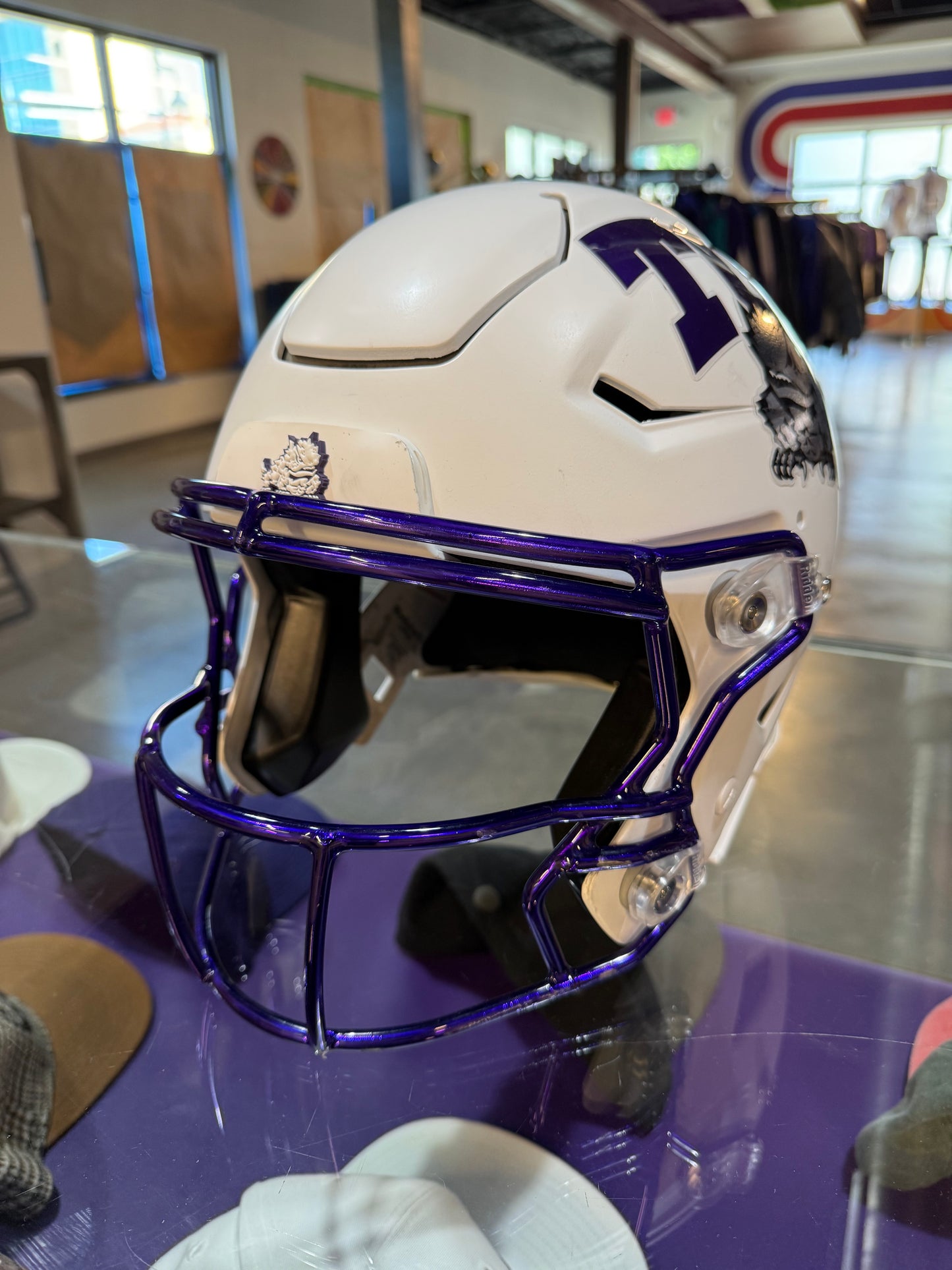 TCU Football Game Worn Authentic White Matte Helmet with Purple Chrome Mask - Last SMU Game Helmet!