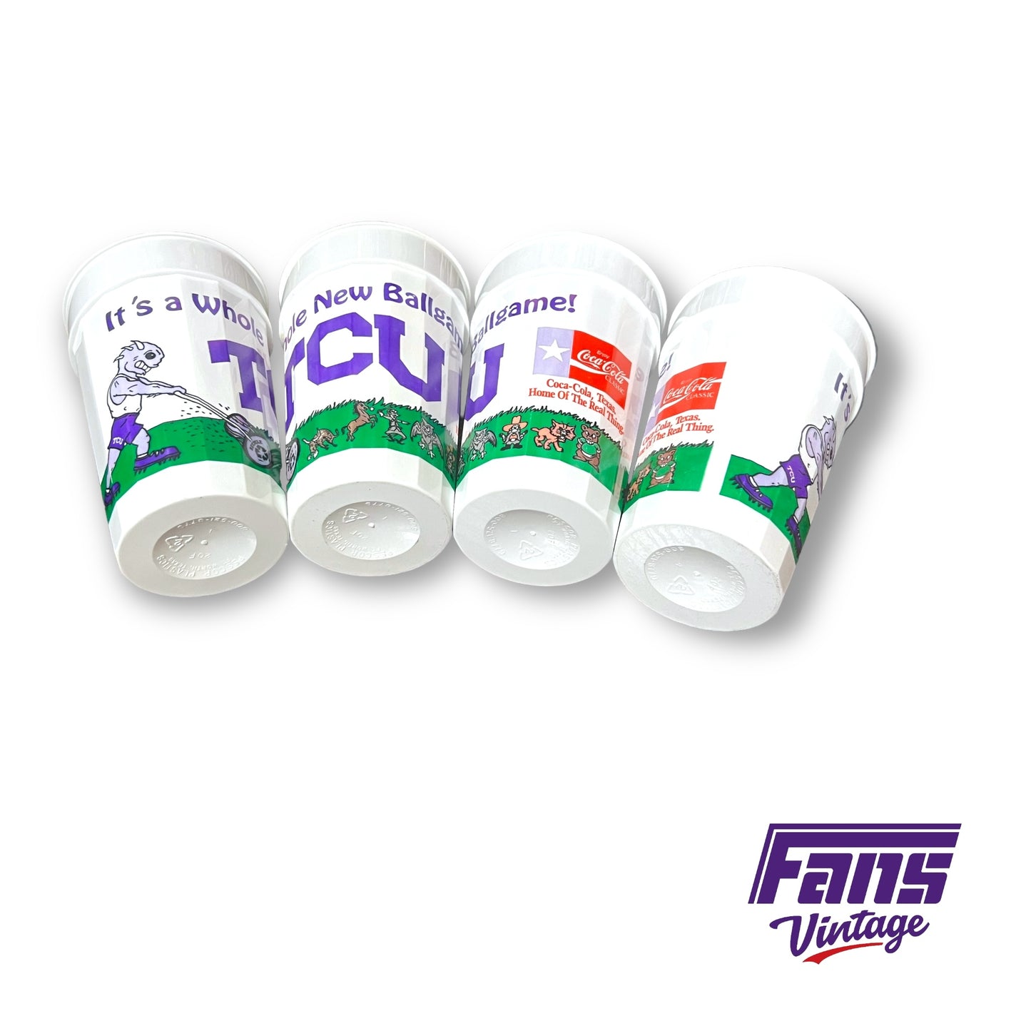 RARE Vintage 90s TCU Stadium Cup Set - feat. CREEPTASTIC SuperFrog mowing down SWC Rival Mascots