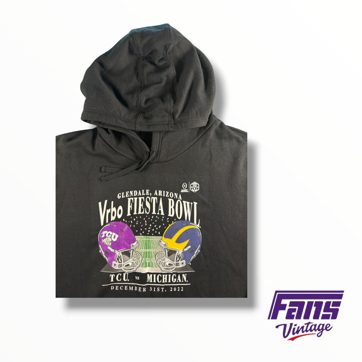TCU Football 2022 Vrbo Fiesta Bowl Michigan Helmet Crash Black Hoodie