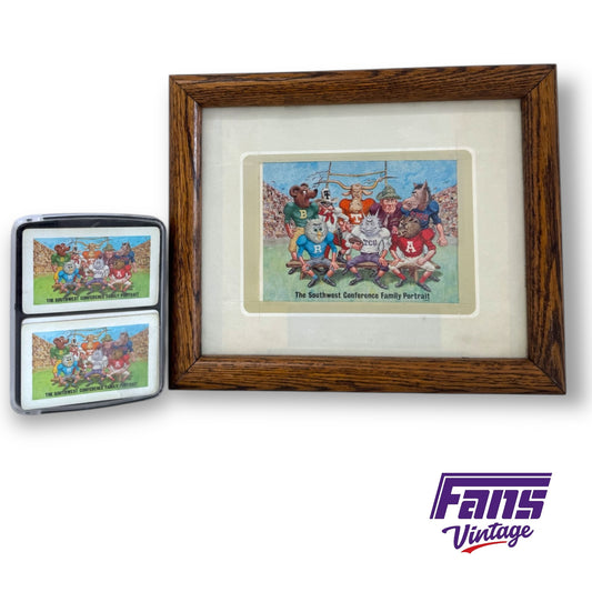 Vintage Southwest Conference “Family Portait” Cartoon Mascot Framed Postcard & 2 Pack SWC Playing Card Set