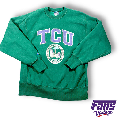 GRAIL - GORGEOUS Vintage TCU Crewneck Reverse Weave Sweater in Hunter Green with Robert Carr Chapel Logo