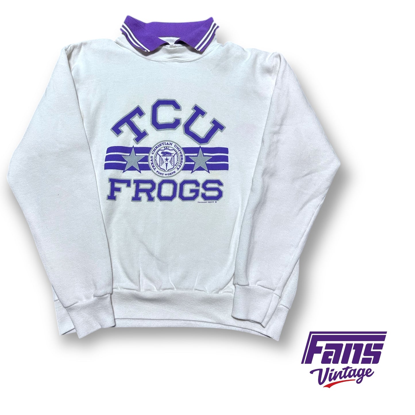 Vintage TCU Crewneck Sweater With Rad Polo Style Collar - RARE School Seal Logo!