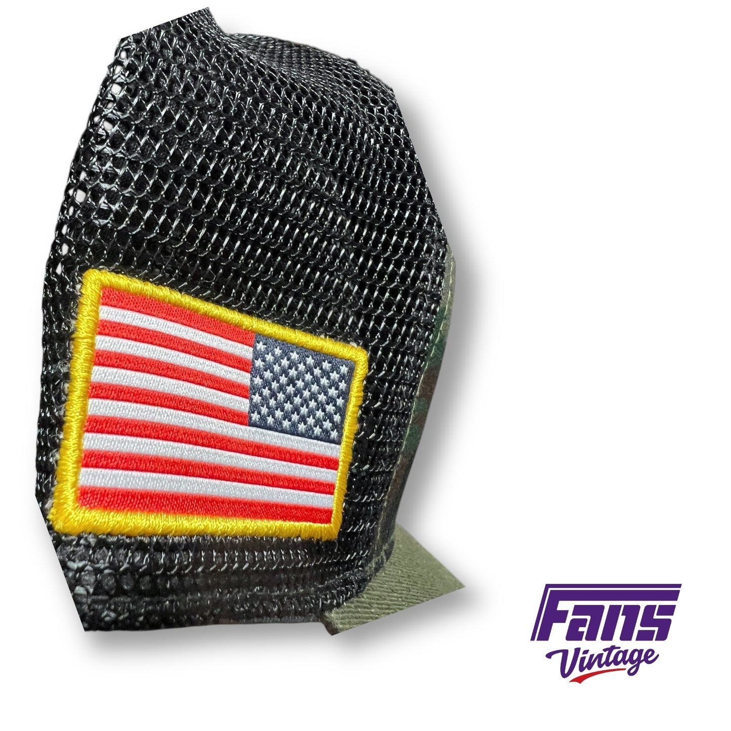 TCU Horned Frogs Salute to Service Camo Trucker hat with USA Flag Patch