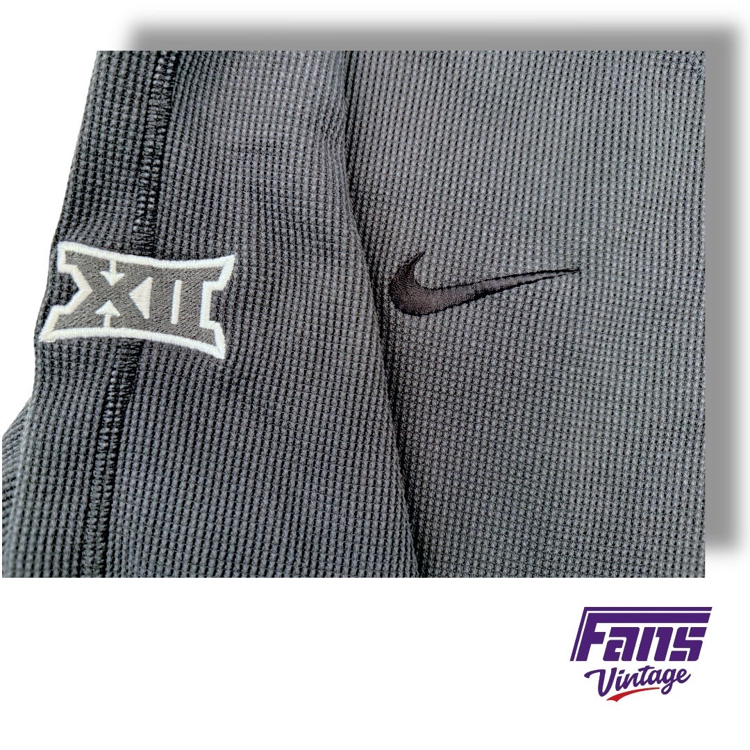 TCU Team Issued Anthracite Gray Heavyweight Waffle Weave Premium Long Sleeve Pullover with Embroidered Logos