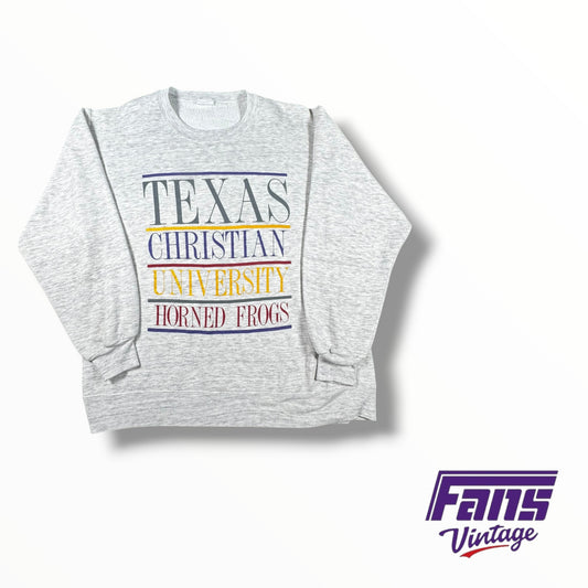 Vintage 80s TCU Multi Color Print Gray Crewneck