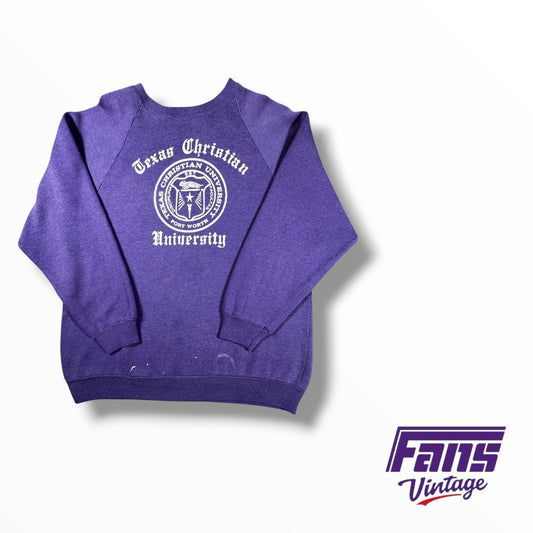 RARE! 80s Vintage TCU School Seal Old English Lettering Raglan Crewneck