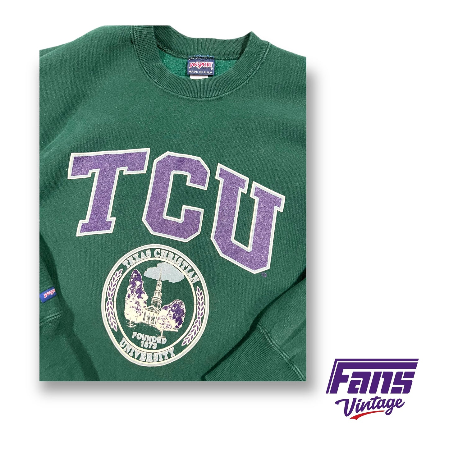 GRAIL - GORGEOUS Vintage TCU Crewneck Reverse Weave Sweater in Hunter Green with Robert Carr Chapel Logo