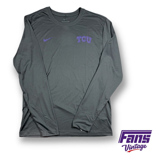 TCU Football Team Exclusive Nike Long Sleeve Workout Shirt - Dark Anthracite Gray w/ Purple Lettering