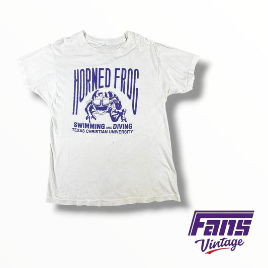Vintage 80s TCU Swimming & Diving Team Tee with Rare “Furious Frog” Logo!