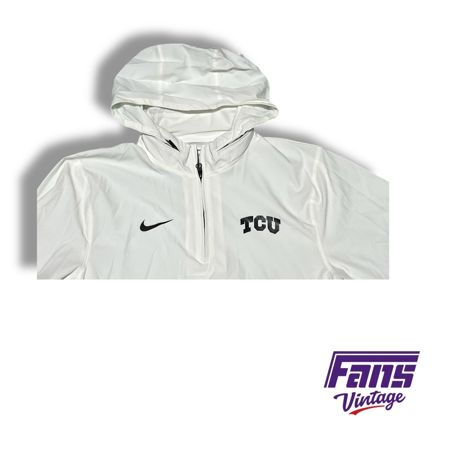 TCU Nike Team‑Issued White Quarter Zip pullover with Hideaway Hood