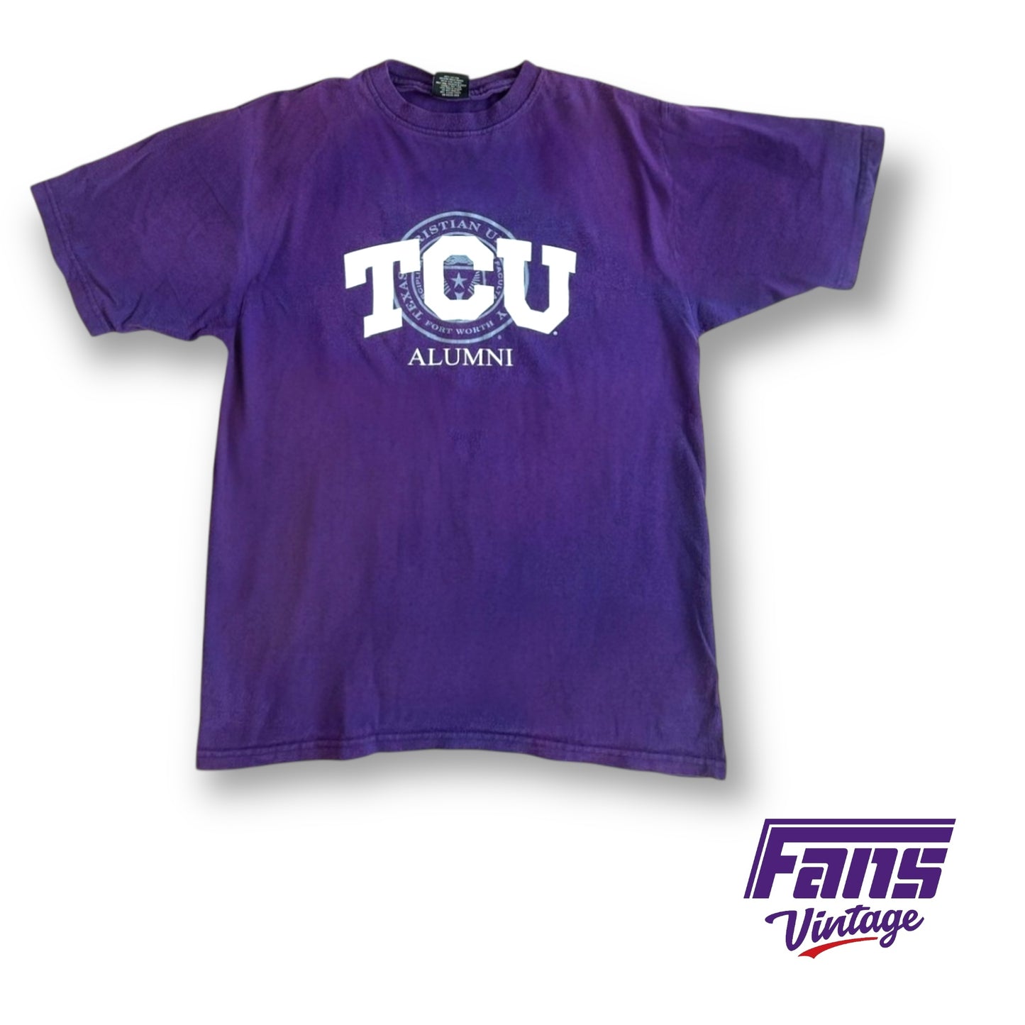 Vintage 90s TCU Alumni School Seal Logo Tee - Unique Sun Fade!