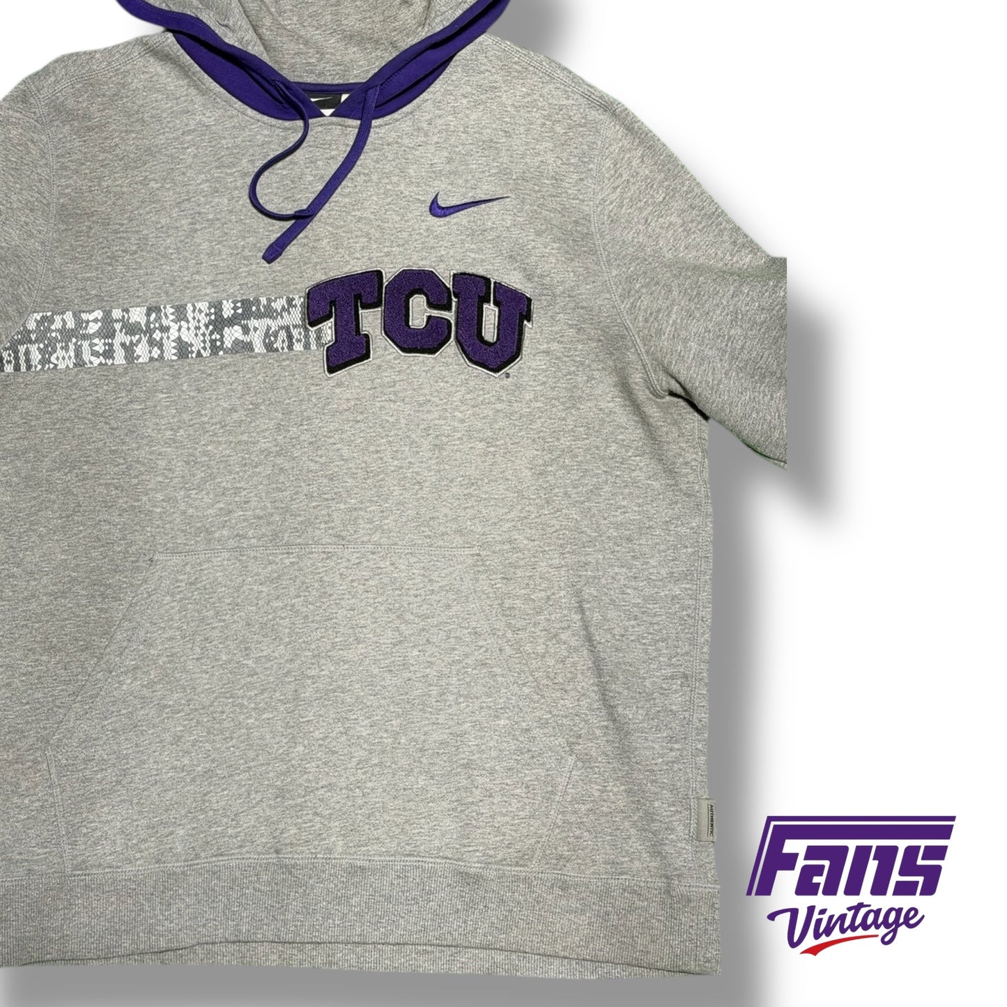 Sick TCU Vintage Y2K Era Nike Team Issue Hoodie with Frogskin Stripe and Raised Chenille Stitch TCU Patch Logo
