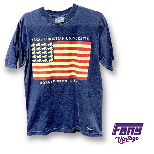 90s Vintage TCU American Flag Tee - Horned Frog Stars and Stripes