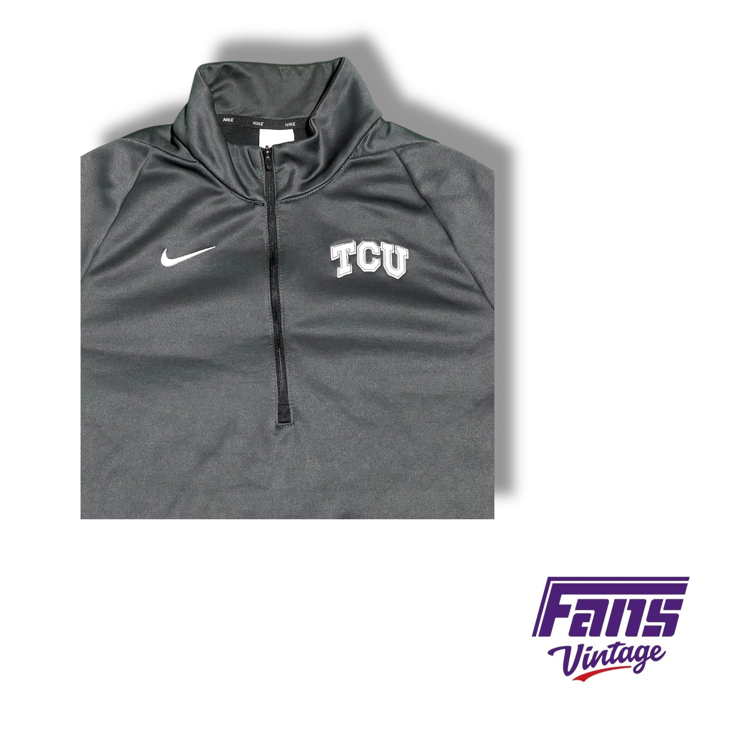 TCU team issued athracite grey 1/4-zip pullover with embroidered logo and fleece lining