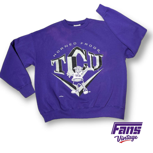 * GRAIL* 90s Vintage TCU big logo Crewneck Sweater with crazy crop top Horned Frog mascot!