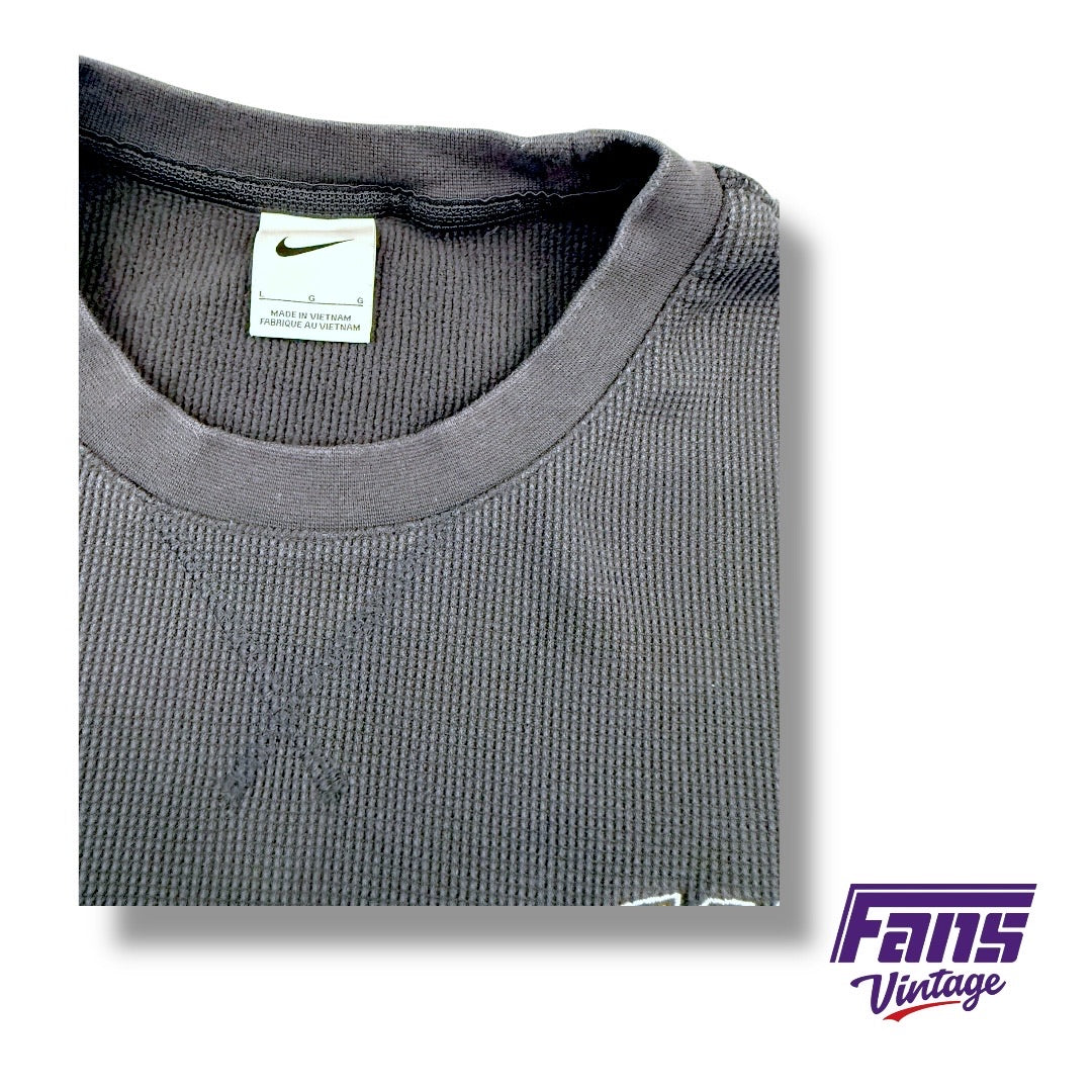 TCU Team Issued Anthracite Gray Heavyweight Waffle Weave Premium Long Sleeve Pullover with Embroidered Logos