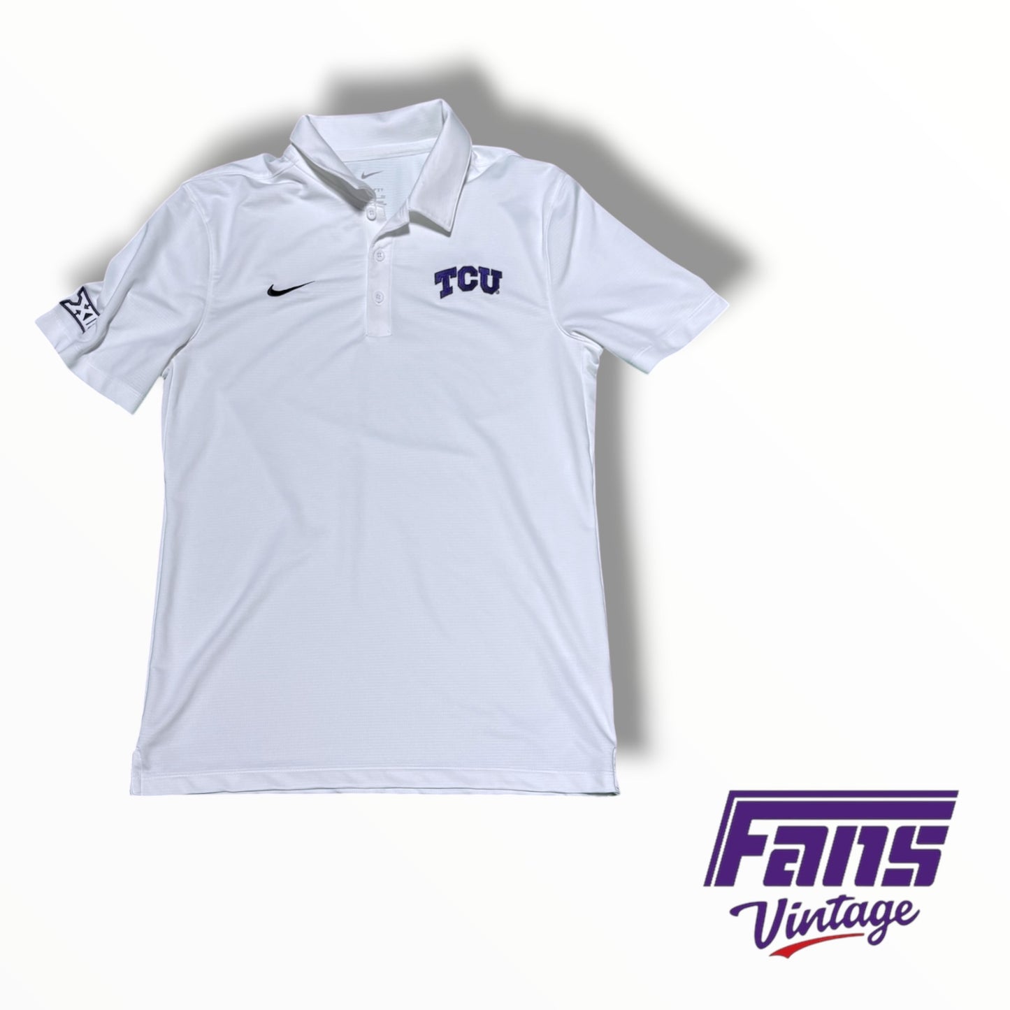 TCU Nike Team Issued Premium White Dri-Fit Polo with embroidered logos