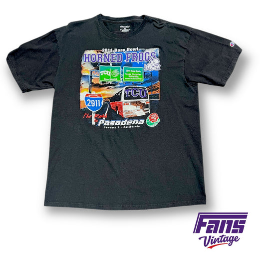 RARE! Vintage TCU Football 2011 Rose Bowl Tee - Destination Pasedena California Charter Bus Route 66 Graphics with Awesome Road Sign Logo Details!