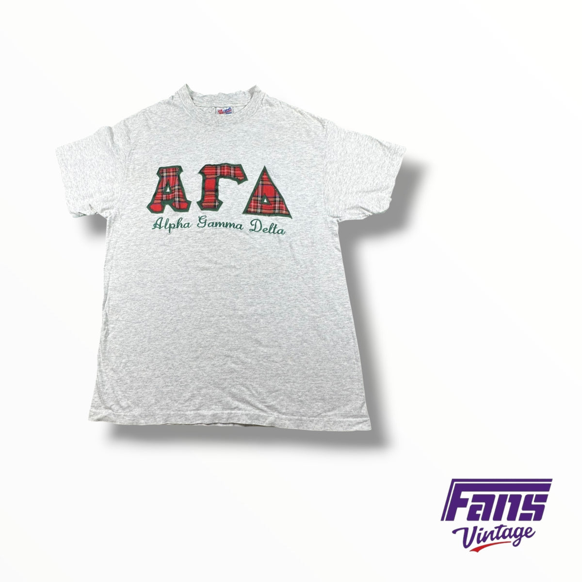 90s Vintage Alpha Gamma Delta Plaid Jersey Style Stitched Letters Tee