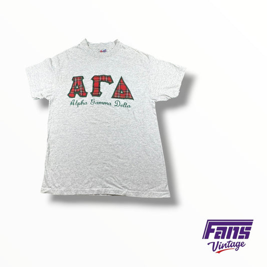 90s Vintage Alpha Gamma Delta Plaid Jersey Style Stitched Letters Tee