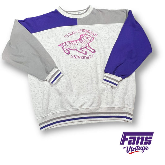 EPIC 90s Vintage TCU Crewneck Sweater with large satin twill Horned Frog embroidered throwback logo - Worn by TCU Football coach!