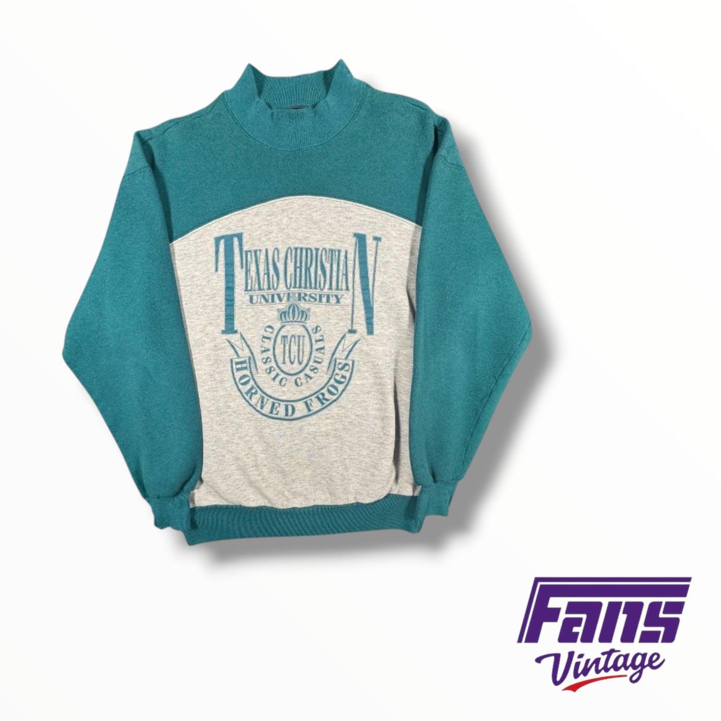 Unique Vintage Teal TCU Pullover with Mock Neck and Rare Logo