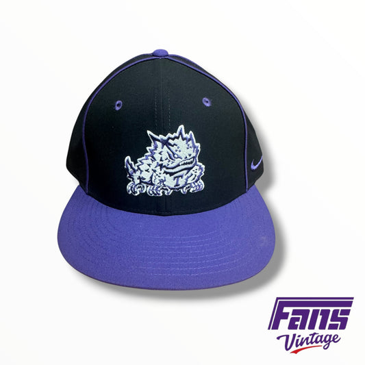TCU Baseball Team-Issued Nike Black and Purple Fitted Hat with Horned Frog Logo